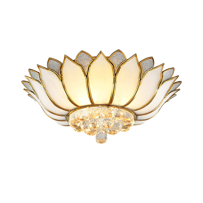 Frosted Glass Lotus Semi Mount Lighting Rural Bedroom Ceiling Flush in Brass with Crystal Droplet