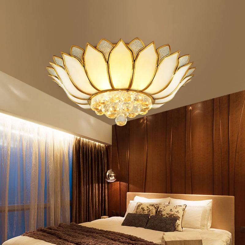 Frosted Glass Lotus Semi Mount Lighting Rural Bedroom Ceiling Flush in Brass with Crystal Droplet