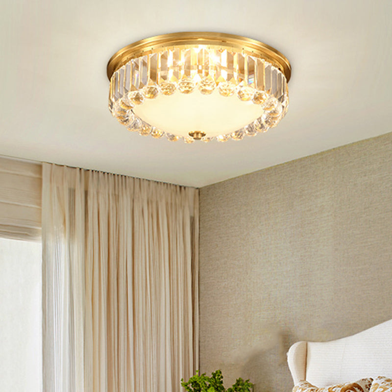 LED Flush Ceiling Light Country Bowl Frosted Glass Flush Mount Fixture in Brass with Round Crystal Edge