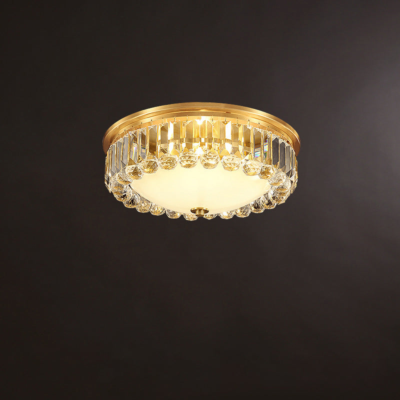 LED Flush Ceiling Light Country Bowl Frosted Glass Flush Mount Fixture in Brass with Round Crystal Edge