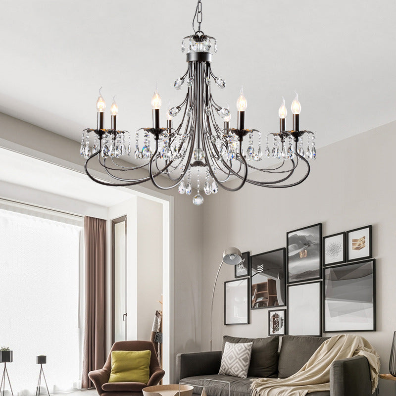Black Curving Chandelier Lamp Farmhouse Metal Living Room Crystal Pendant Lighting with Candle Design