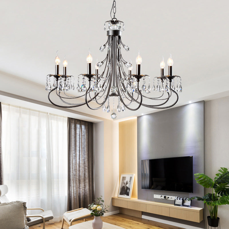 Black Curving Chandelier Lamp Farmhouse Metal Living Room Crystal Pendant Lighting with Candle Design