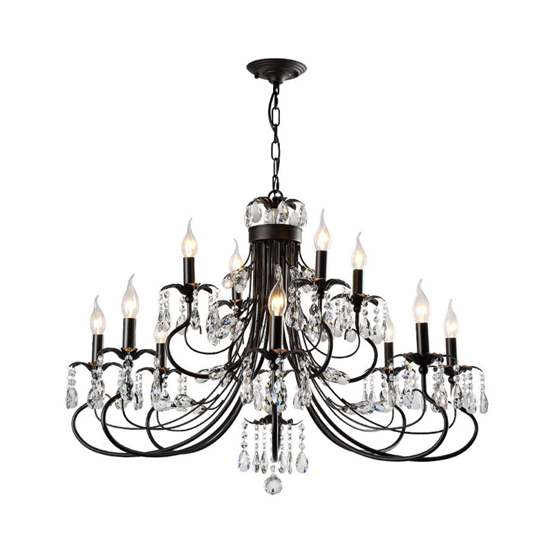 Black Curving Chandelier Lamp Farmhouse Metal Living Room Crystal Pendant Lighting with Candle Design