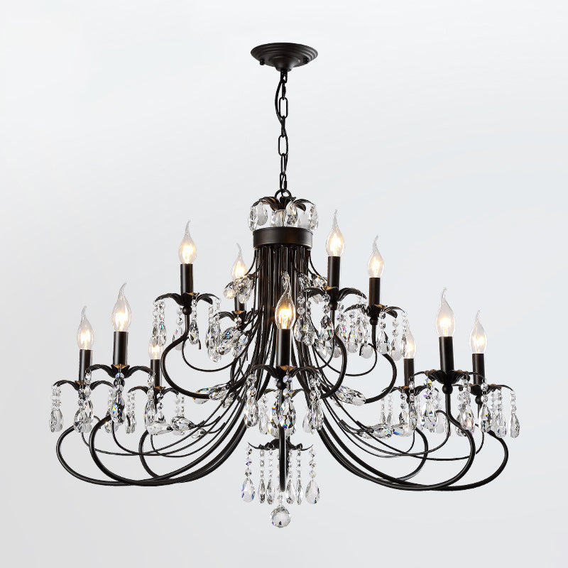 Black Curving Chandelier Lamp Farmhouse Metal Living Room Crystal Pendant Lighting with Candle Design