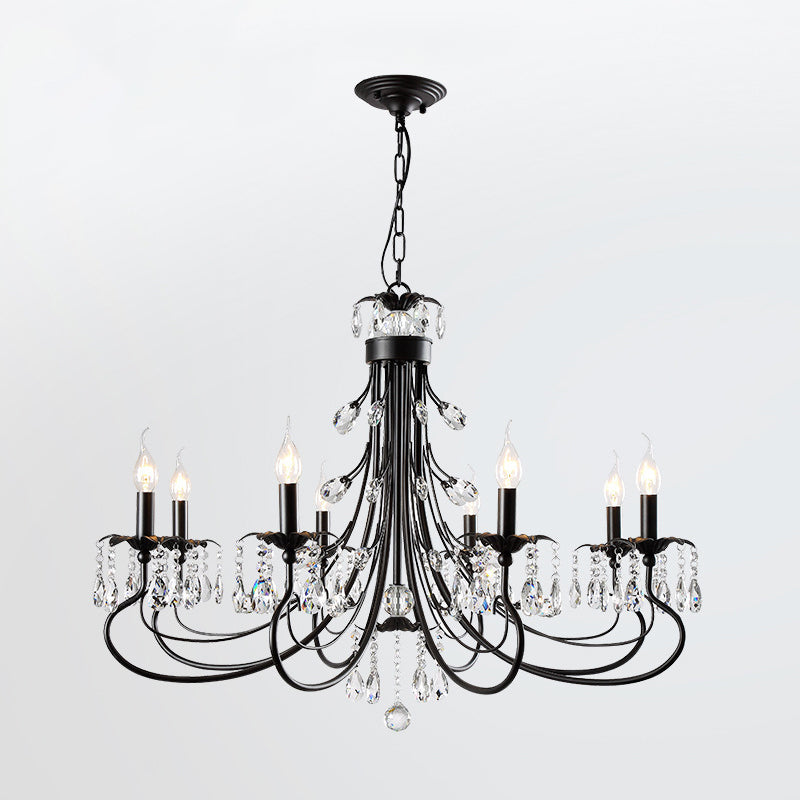 Black Curving Chandelier Lamp Farmhouse Metal Living Room Crystal Pendant Lighting with Candle Design