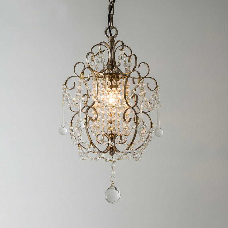 1 Light Scrolled Frame Pendant Light Kit Traditional Metal Suspension Lamp with Crystal Droplet