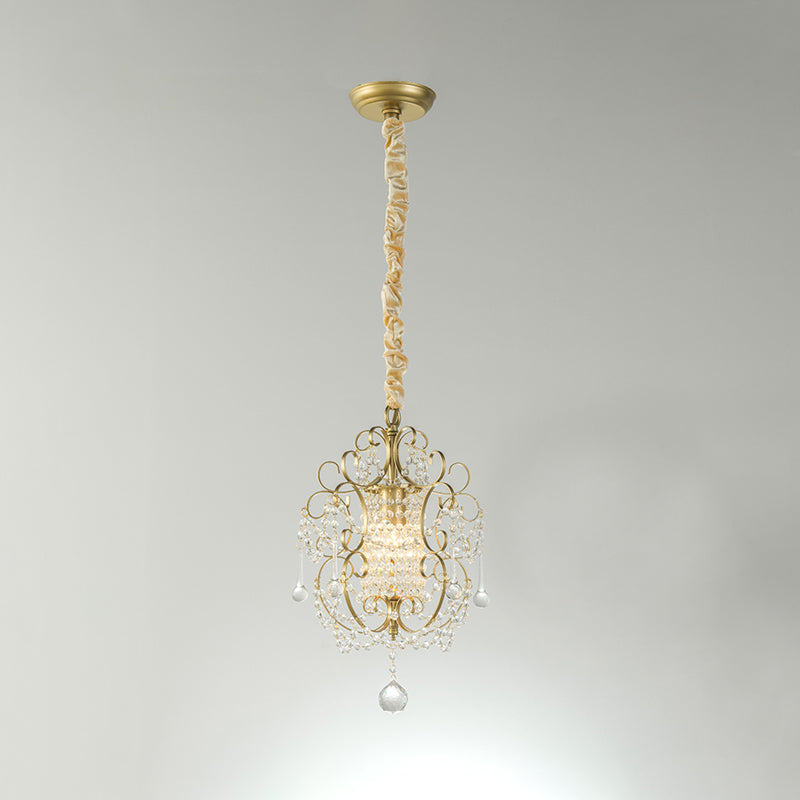 1 Light Scrolled Frame Pendant Light Kit Traditional Metal Suspension Lamp with Crystal Droplet