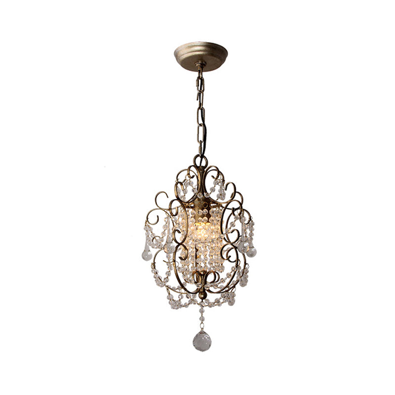 1 Light Scrolled Frame Pendant Light Kit Traditional Metal Suspension Lamp with Crystal Droplet