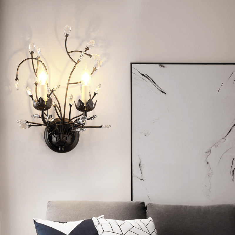 Idee di illuminazione da parete di candele classiche 2 teste lampada montata a parete metallica in nero con accento di cristallo