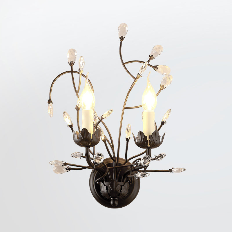 Classic Candle Wall Lighting Ideas 2 Heads Metallic Wall Mounted Light Fixture in Black with Crystal Accent