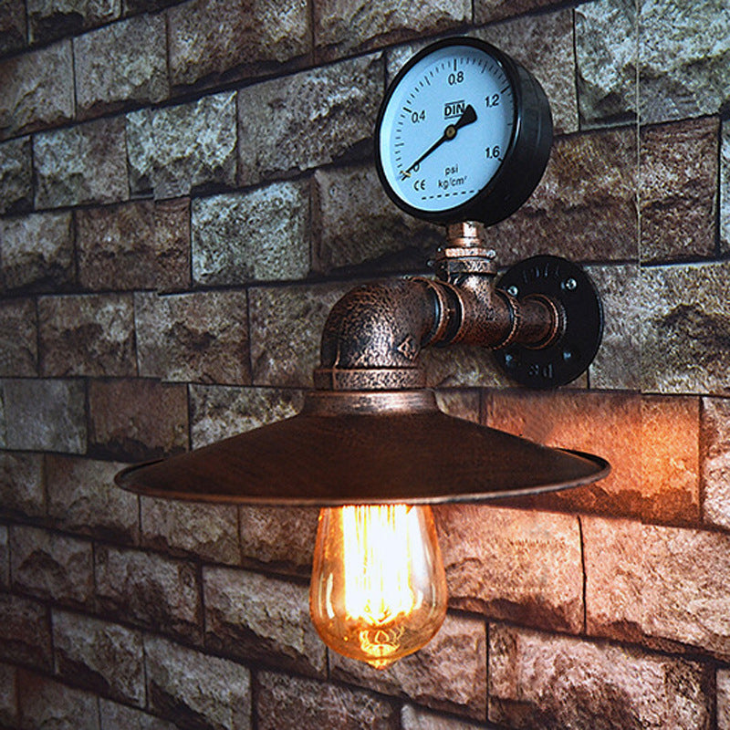 1 Light Wide Flare Wall Light Fixture Industrial Rust Metallic Wall Mounted Lamp with Water Gauge Decoration
