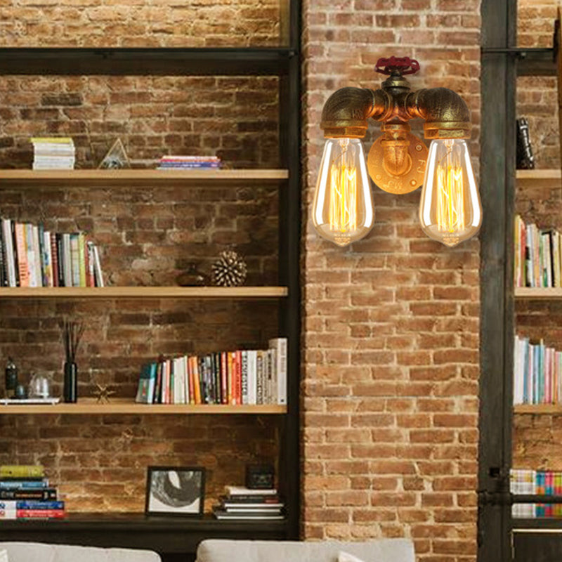 Curved Pipe Metal Wall Lighting Factory 2 Heads Dining Room Wall Light Sconce in Rust with Valve Decoration