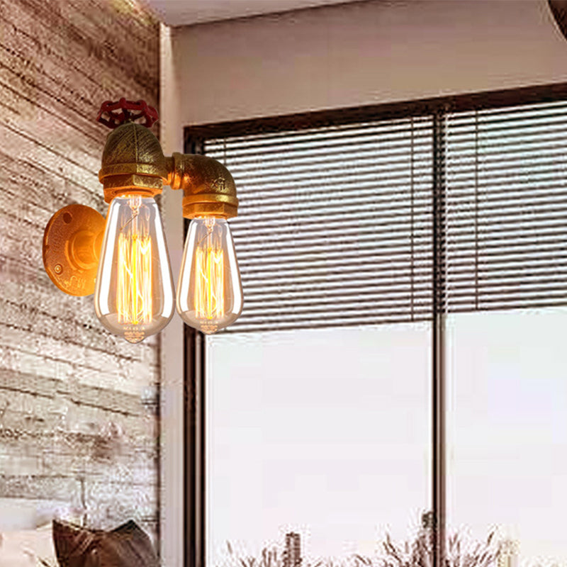 Curved Pipe Metal Wall Lighting Factory 2 Heads Dining Room Wall Light Sconce in Rust with Valve Decoration