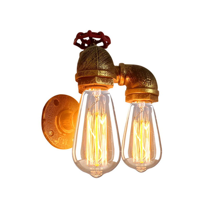 Curved Pipe Metal Wall Lighting Factory 2 Heads Dining Room Wall Light Sconce in Rust with Valve Decoration