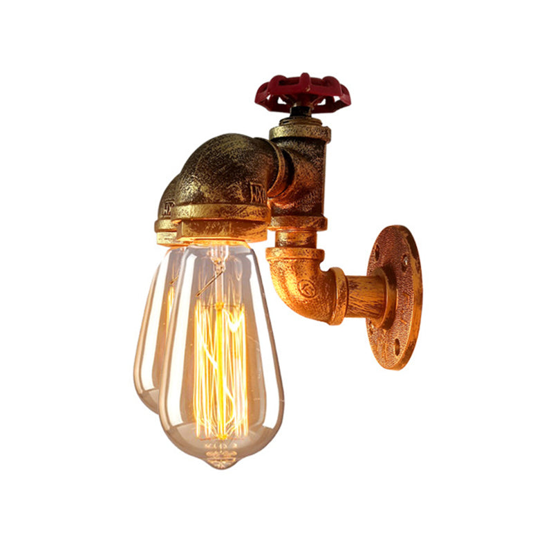 Curved Pipe Metal Wall Lighting Factory 2 Heads Dining Room Wall Light Sconce in Rust with Valve Decoration