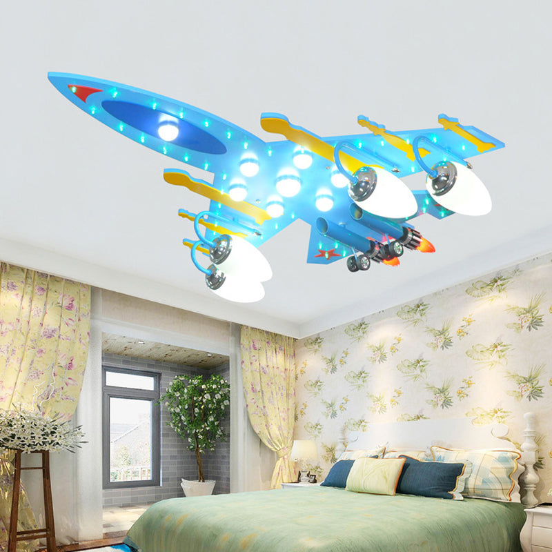 Attack Aircraft Kindergarten Flush Ceiling Light Wood Cartoon Cool LED Ceiling Lamp in Blue