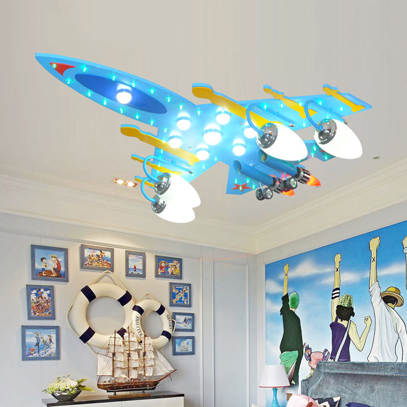 Attack Aircraft Kindergarten Flush Ceiling Light Wood Cartoon Cool LED Ceiling Lamp in Blue