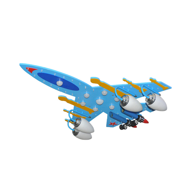 Attack Aircraft Kindergarten Flush Ceiling Light Wood Cartoon Cool LED Ceiling Lamp in Blue