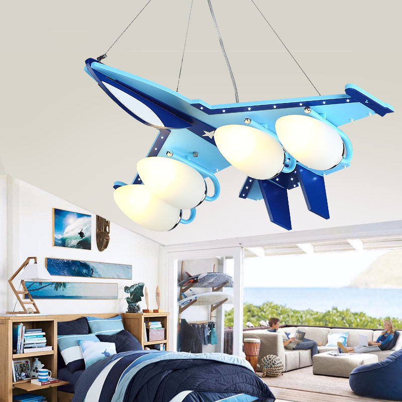 Kindergarten Combat Aircraft Chandelier Wood 4 Lights Contemporary Sky Blue Ceiling Lamp