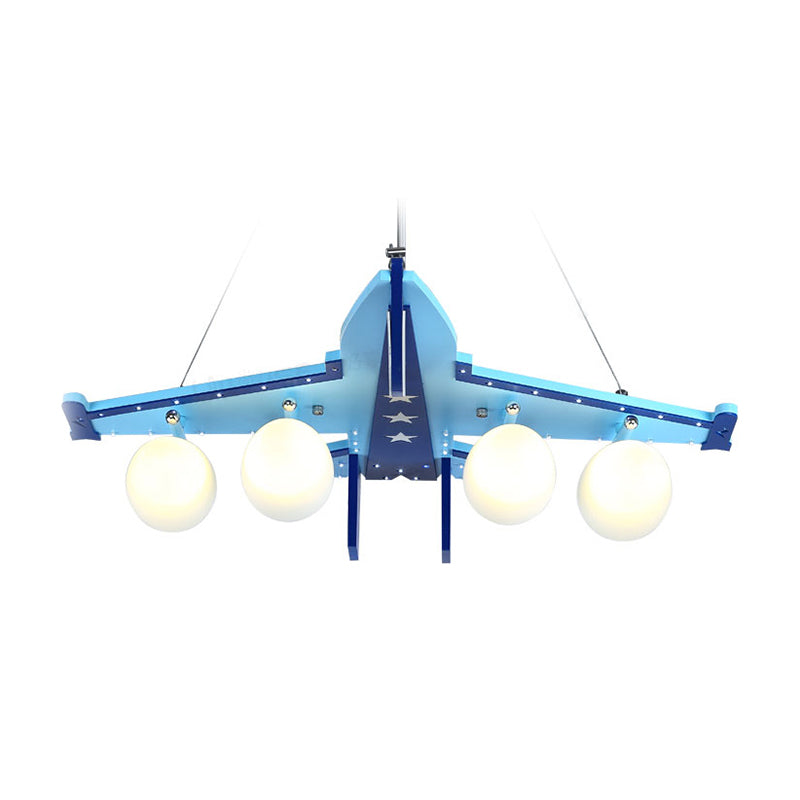 Kindergarten Combat Aircraft Chandelier Wood 4 Lights Contemporary Sky Blue Ceiling Lamp