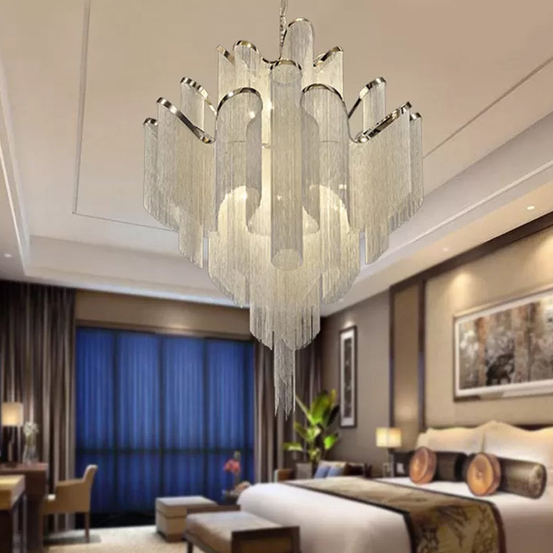 LED Bedroom Chandelier Modernist Silver Pendant Lamp with Tiered Tassel Aluminum Shade