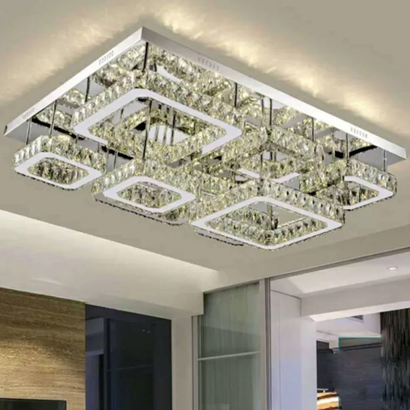 Chrome Square Flushmount Light Simplicity Clear Crystal LED Close to Ceiling Lighting for Living Room