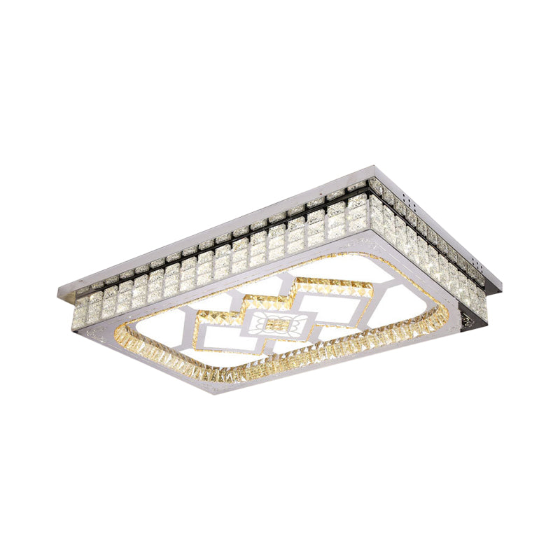 Living Room LED Ceiling Light Fixture Nordic Stainless Steel Flush Mount Fixture with Rectangle Clear Crystal Shade