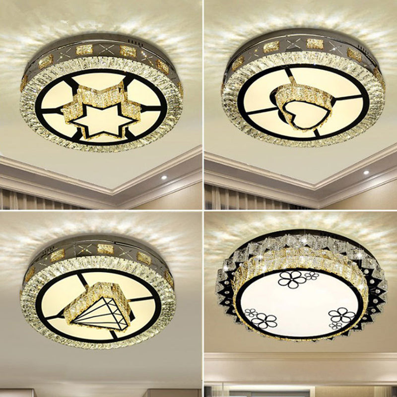 Stainless Steel Round Flush Mount Fixture Modern Clear Crystal LED Close to Ceiling Light