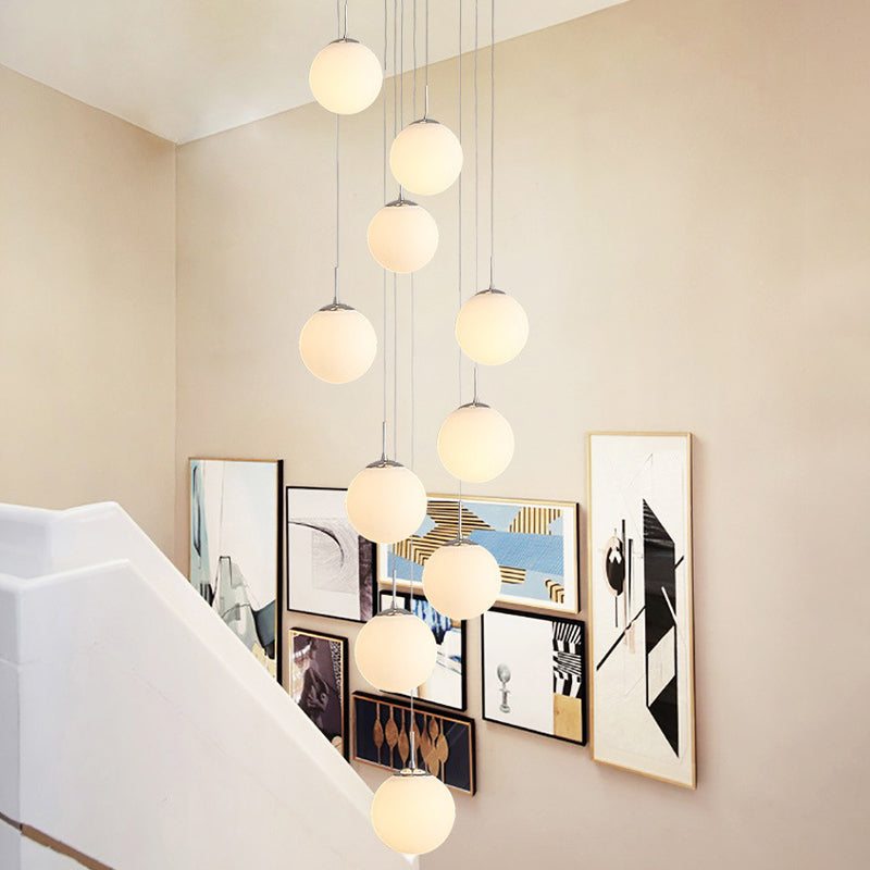 10 Heads Stairs Cluster Pendant Light Simple Silver Drop Lamp with Spherical Cream Glass Shade