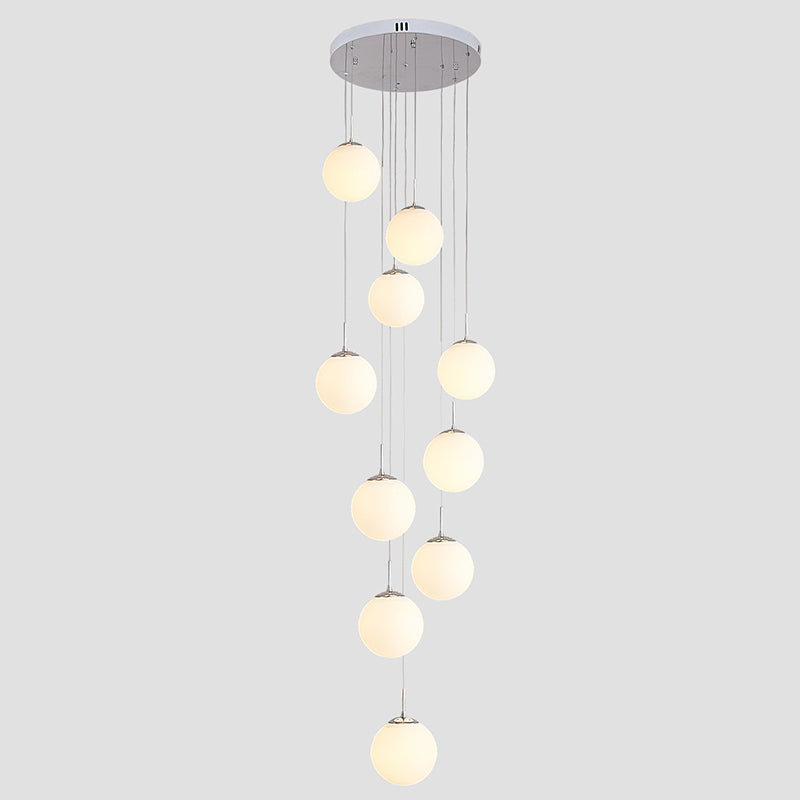 10 Heads Stairs Cluster Pendant Light Simple Silver Drop Lamp with Spherical Cream Glass Shade
