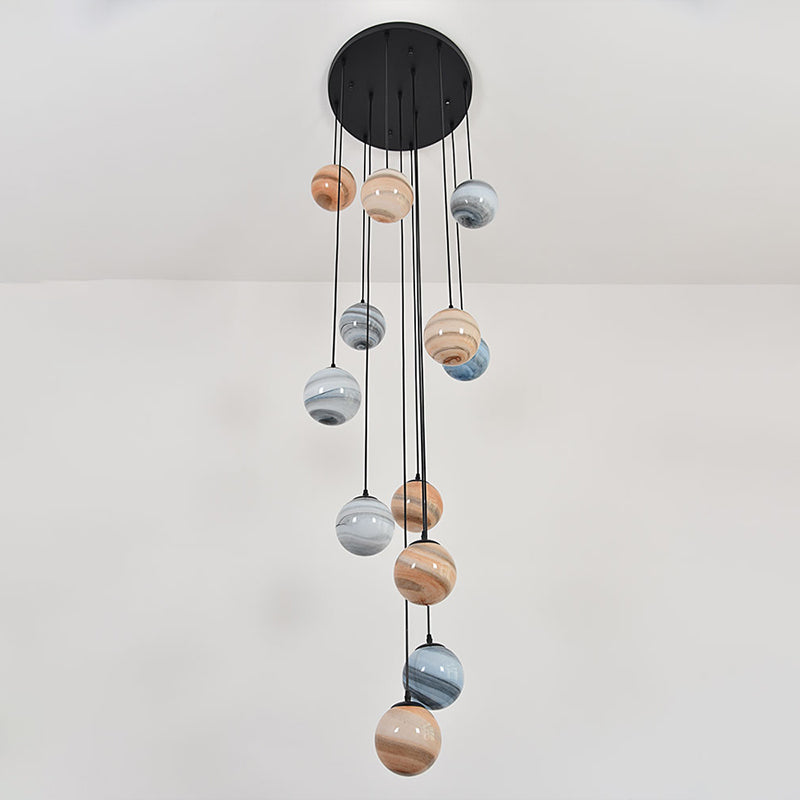 Planet Multi Light Pendant Modernism Textured Glass Stairs Suspension Lighting Fixture in Black