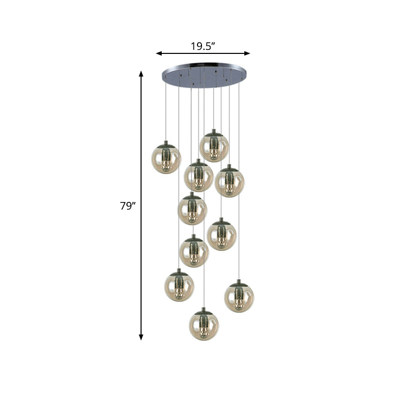 Simplicity Globe Cluster Pendant Cognac Glass 10-Light Stairs Hanging Ceiling Light