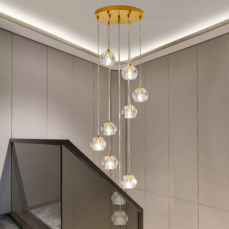 Ball Clear Glass Multi Pendant Modern Style Gold Pendulum Light met spiraalvormig ontwerp voor trappen