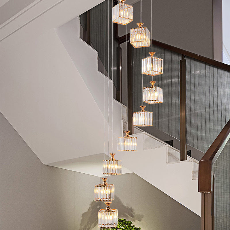 Beveled Crystal Cubic Cluster Pendant Contemporary Suspension Light Fixture with Swirl Design