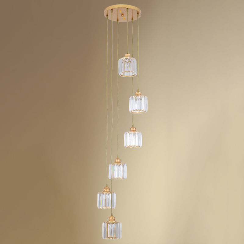 Nordic Multiple Hanging Light Drum Pendant Lighting Fixture with Beveled Crystal Shade