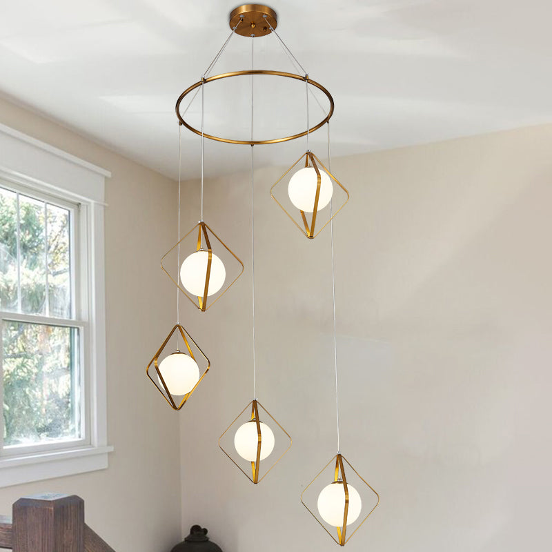 Eenvoudige multi -light hanger Global Metallic Pendulum Lamp met opaalglasschaduw voor woonkamer