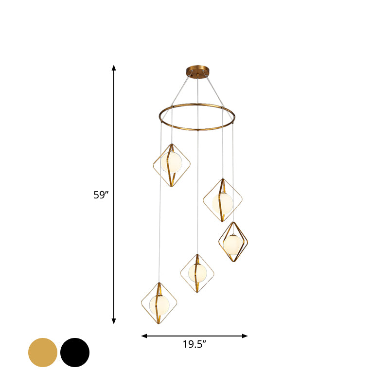Eenvoudige multi -light hanger Global Metallic Pendulum Lamp met opaalglasschaduw voor woonkamer