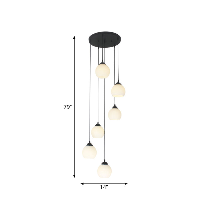Milchglas globaler Spiralmulti -Anhänger Einfaches hängende Deckenlicht in Schwarz für Treppen