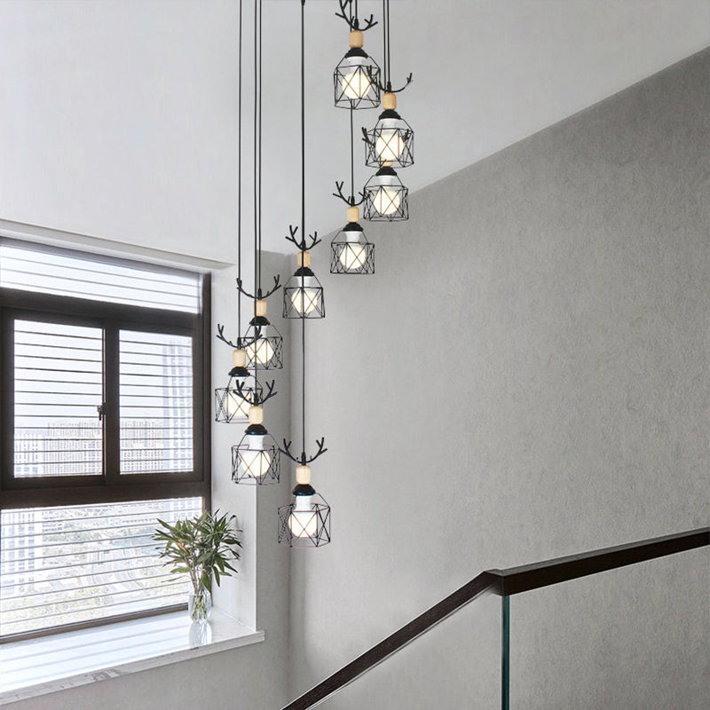 Hexagon Cage Metal Multiple Hanging Light Modernist Black Pendant Lamp with Spiral Design