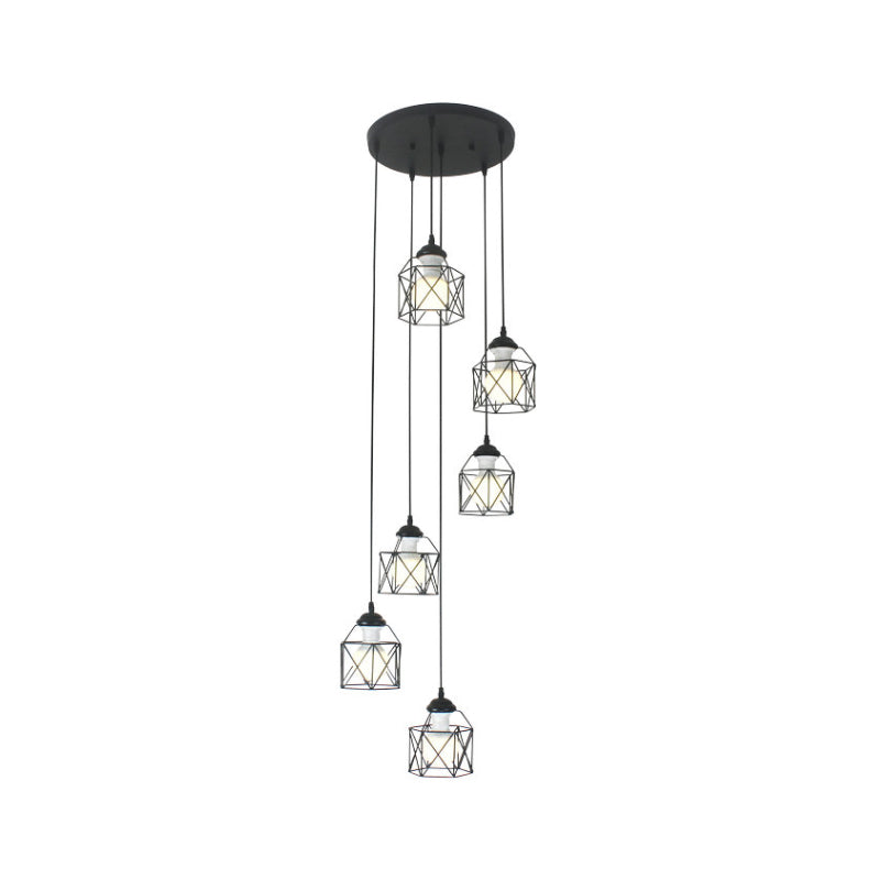 Hexagon Cage Metal Multiple Hanging Light Modernist Black Pendant Lamp with Spiral Design