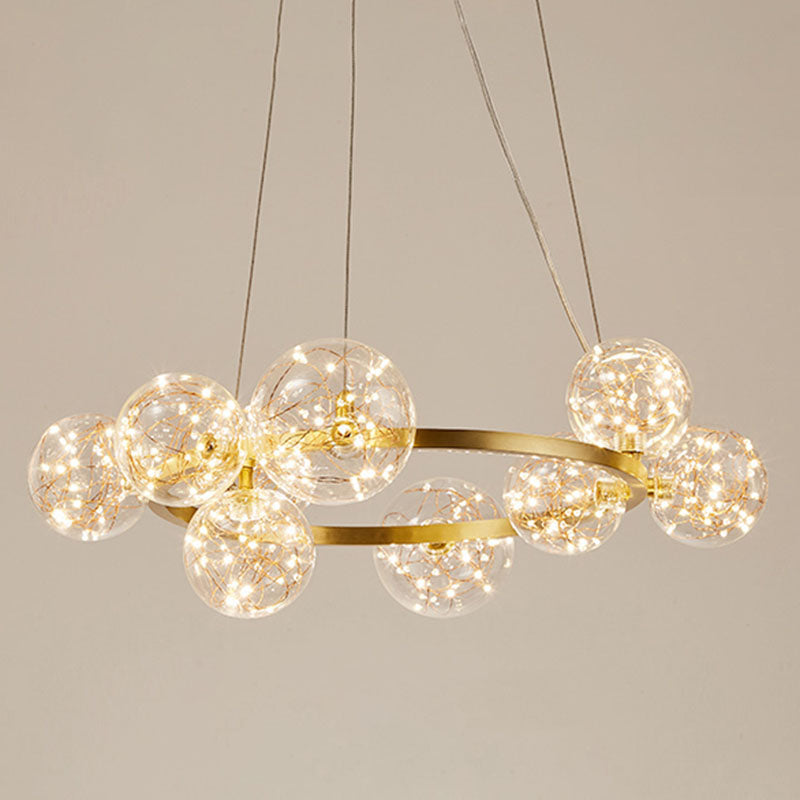 Orb Bedroom Hanging Chandelier Clear Glass Starry LED Modern Ceiling Suspension Lamp in Gold