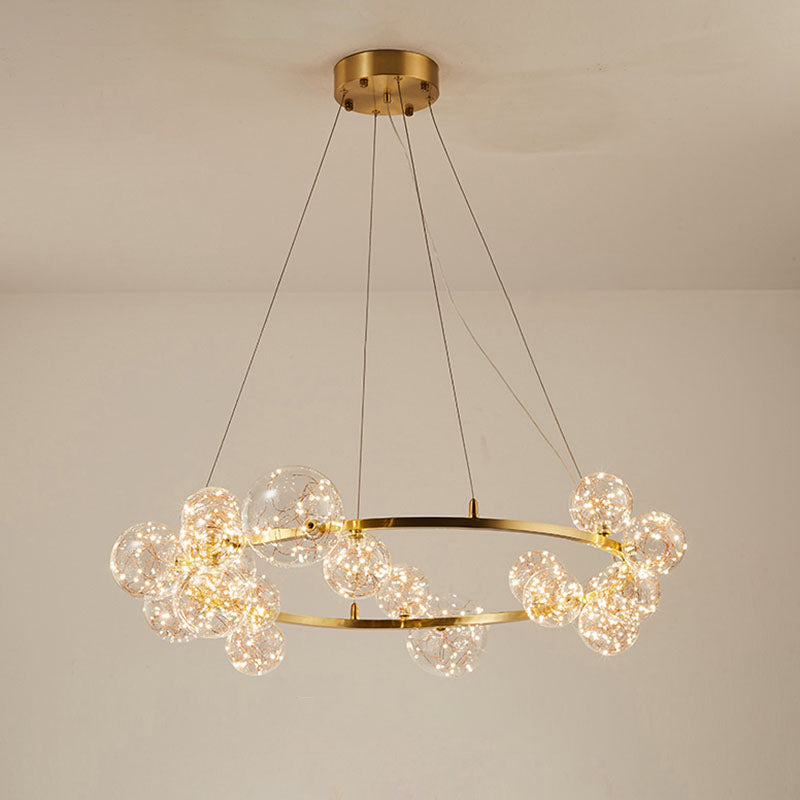 Orb Bedroom Hanging Chandelier Clear Glass Starry LED Modern Ceiling Suspension Lamp in Gold
