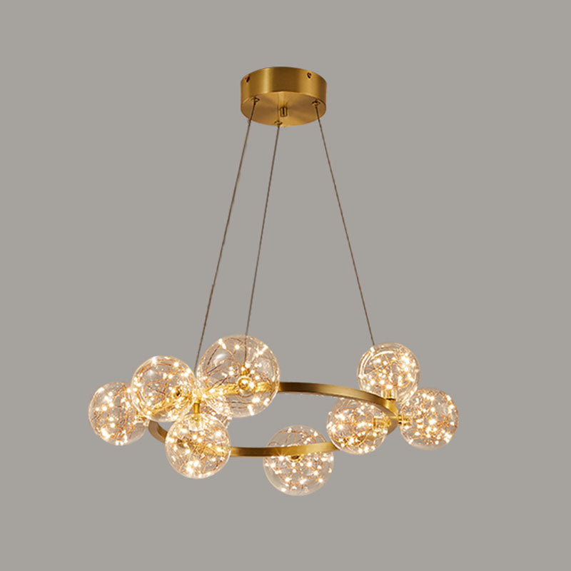 Wohnzimmer LED LED Kronleuchter Lampe Minimale Goldheizenbeleuchtung mit Orb Clear Glass Shade