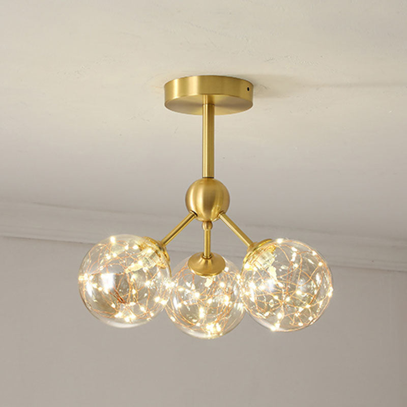 Simple LED Pendant Chandelier Brass Sphere Starry Hanging Lighting with Glass Shade