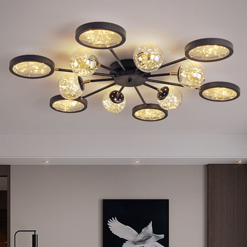 Sputnik Flush Mount Fixture Modernity Amber Glass Black Close to Ceiling Lamp with Glowing String Inside