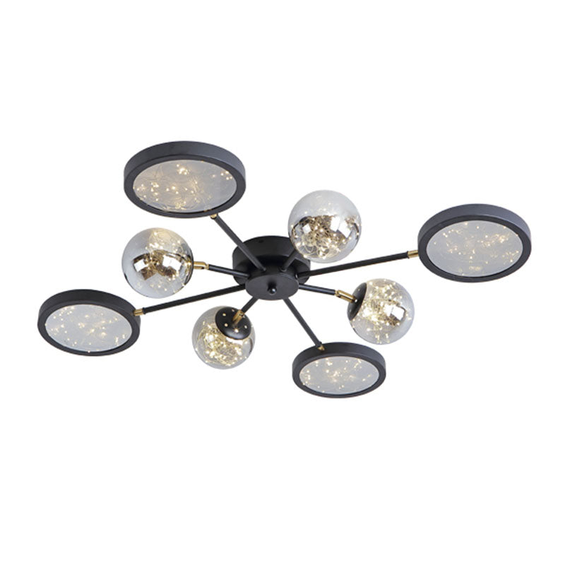 Sputnik Flush Mount Fixture Modernity Amber Glass Black Close to Ceiling Lamp with Glowing String Inside