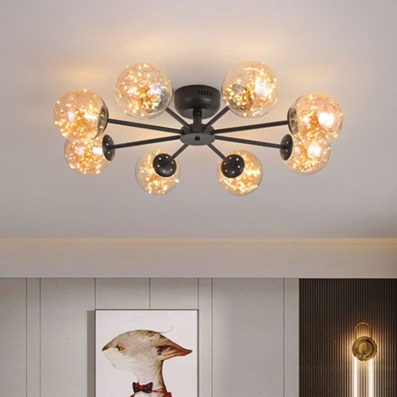 Einfache LED Starry Semi Flush Mount Black Globe Deckenleuchte mit Glasschatten