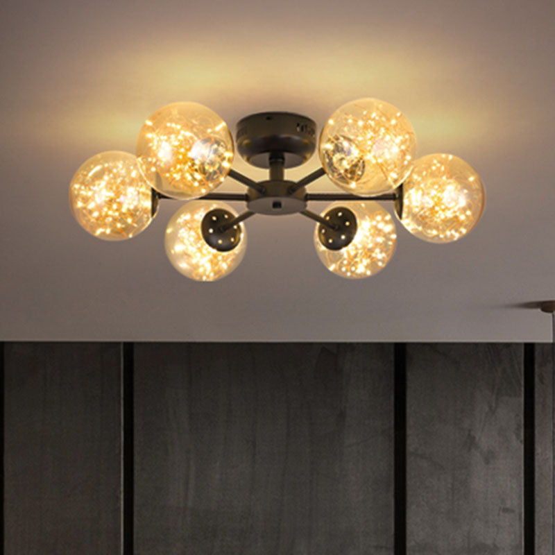 Einfache LED Starry Semi Flush Mount Black Globe Deckenleuchte mit Glasschatten
