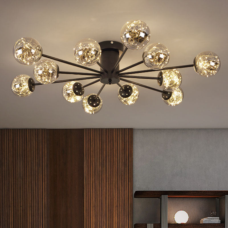 Radial Living Room Semi Flush Mount Smoke Grey Glass Contemporary Ceiling Light Fixture in Black