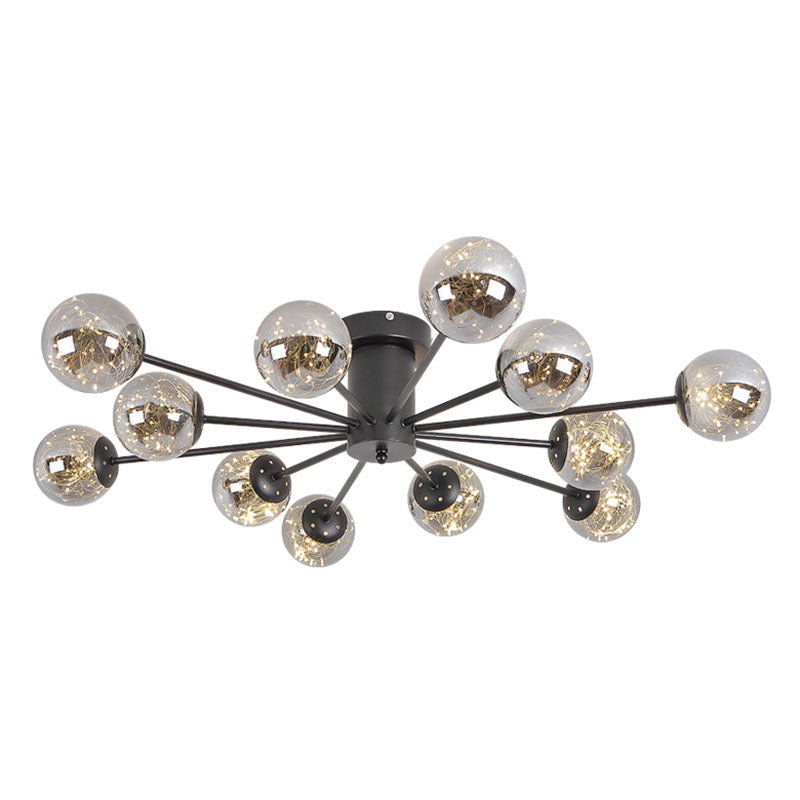 Radial Living Room Semi Flush Mount Smoke Grey Glass Contemporary Ceiling Light Fixture in Black